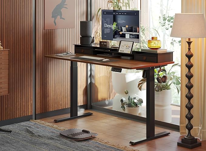 FEZIBO 48 x 24 Inch Height Adjustable Glass Electric Standing Desk with Double Drawer, Stand Up Desk with Storage Shelf, Sit Stand Desk, Black Walnut - LeafyLoom