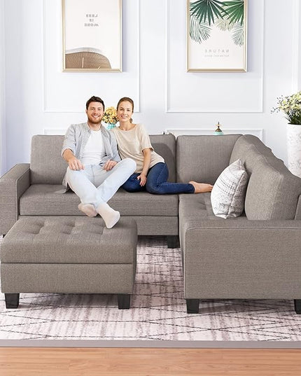 L Shaped Sectional Sofa with Storage Ottoman & Cup Holders Chaise, Comfy Linen Couch, Modular Sofa&Couches for Living Room Large Space Dorm Apartment, Brown CupHolders - LeafyLoom
