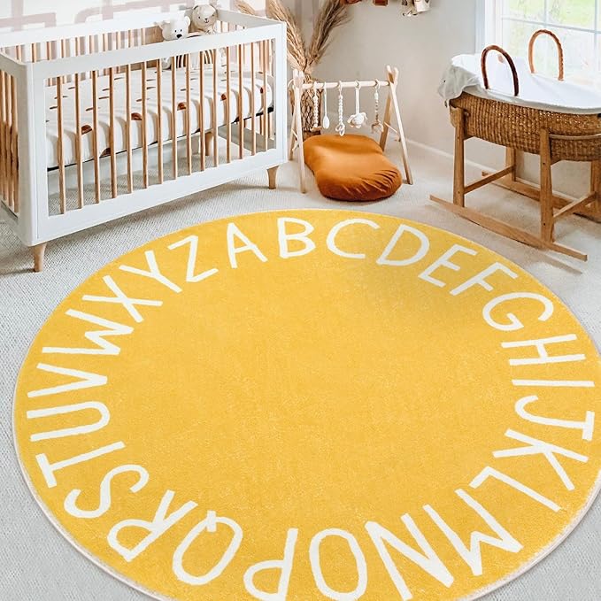 Topotdor Round Kids Play Rug Alphabet Nursery Area Rug Extra Large Soft Crawling Play Mat for Children Toddlers Bedroom (47 inch, Yellow) - LeafyLoom