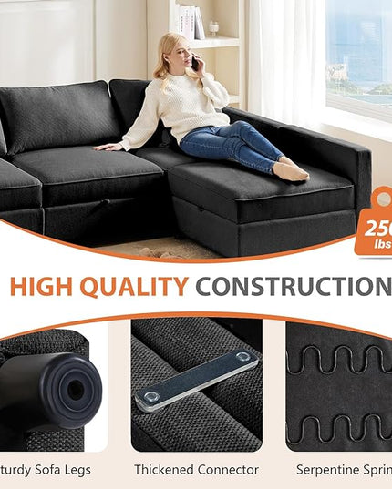 Sweetcrispy Convertible Sectional Sofa Couch, 4 Seat Sofa Set with Storage for Living Room, L-Shaped Modern Modular Sofa Sleeper with Ottoman, Comfy Sofa Couch with Extra Deep Seats, Grey - LeafyLoom