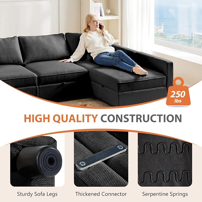 Sweetcrispy Convertible Sectional Sofa Couch, 4 Seat Sofa Set with Storage for Living Room, L-Shaped Modern Modular Sofa Sleeper with Ottoman, Comfy Sofa Couch with Extra Deep Seats, Grey - LeafyLoom