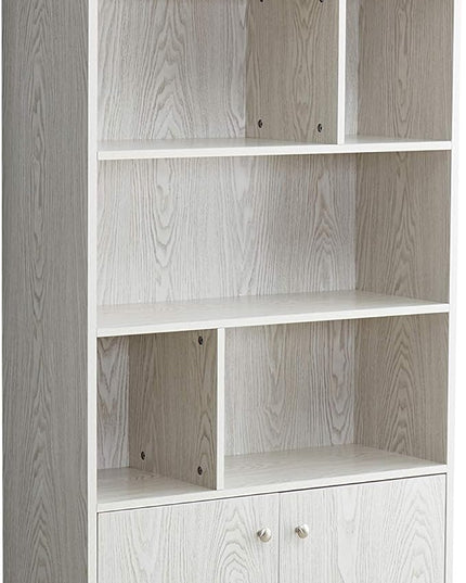 Modern Bookcase with 2 doors 68" Tall Storage Cabinet Wooden Bookshelf with 7 Compartments for Home Office, White Wash - LeafyLoom