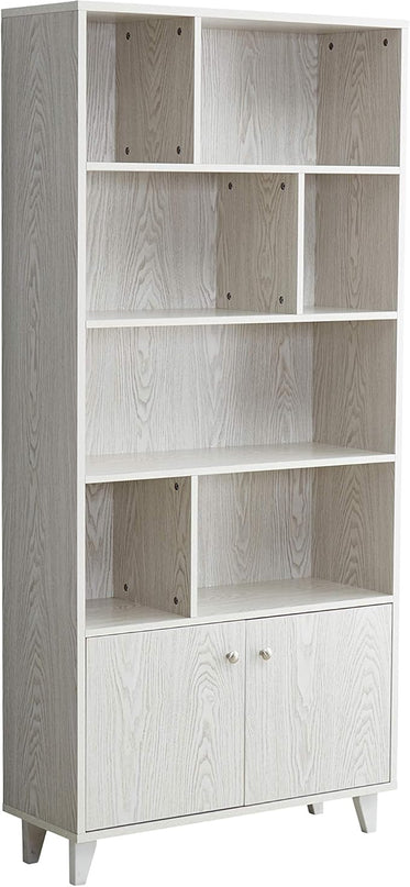 Modern Bookcase with 2 doors 68" Tall Storage Cabinet Wooden Bookshelf with 7 Compartments for Home Office, White Wash - LeafyLoom