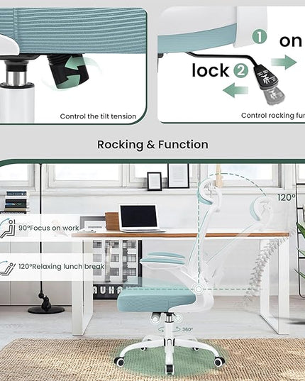 KERDOM Ergonomic Office Chair, Breathable Mesh Desk Chair, Lumbar Support Computer Chair with Headrest and Flip-up Arms, Swivel Task Chair, Adjustable Height Gaming Chair, LightBlue - LeafyLoom
