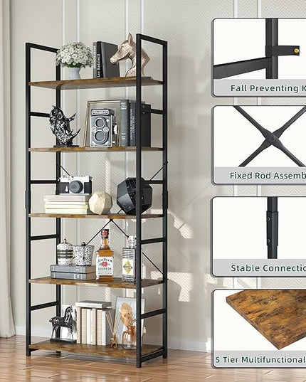 OTK 5 Tier Bookshelf, Tall Bookcase, Office Shelf Storage Organizer, Modern Book Shelf for Living Room, Bedroom, and Home Office, Vintage - LeafyLoom