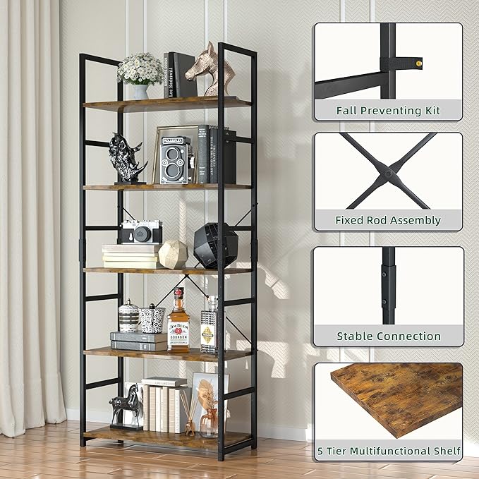 OTK 5 Tier Bookshelf, Tall Bookcase, Office Shelf Storage Organizer, Modern Book Shelf for Living Room, Bedroom, and Home Office, Vintage - LeafyLoom