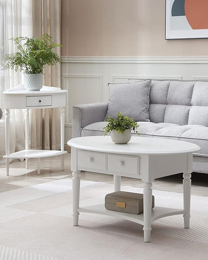 Leick Coastal Oval Coffee Table with Shelf, Orchid White - LeafyLoom