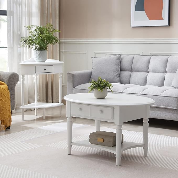 Leick Coastal Oval Coffee Table with Shelf, Orchid White - LeafyLoom