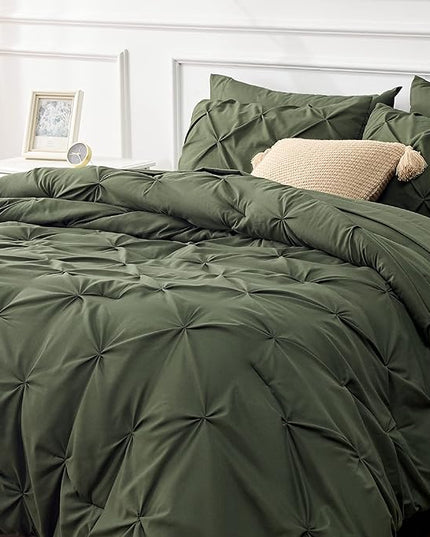 Bedsure King Size Comforter Set - Bedding Set King 7 Pieces, Pintuck Bed in a Bag Olive Green Bed Set with Comforter, Sheets, Pillowcases & Shams - LeafyLoom