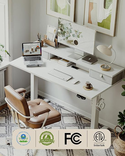 55 x 24 Inches Electric Standing Desk with 2 Storage Drawers, Stand Up Desk Adjustable Height, Sit and Stand Computer Table with Splice Board, White - LeafyLoom