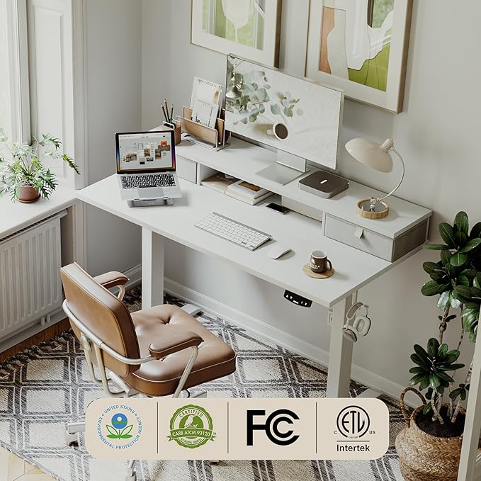63 x 24 Inches Electric Standing Desk with 2 Storage Drawers, Stand Up Desk Adjustable Height, Sit and Stand Computer Table with Splice Board, White - LeafyLoom
