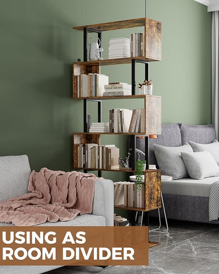 Gadroad 6 Tier Geometric Bookcase,S Shaped Bookshelf, Wood Decorative Storage Shelving, Modern Freestanding Display Shelves, Tall Book Shelf Unit for Living Room Bedroom, Rustic Brown - LeafyLoom
