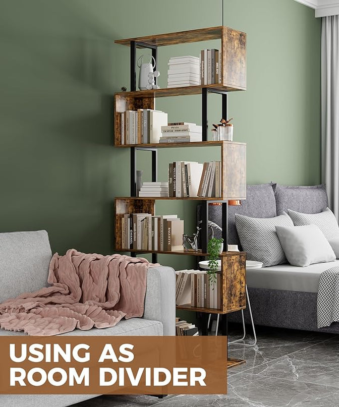 Gadroad 6 Tier Geometric Bookcase,S Shaped Bookshelf, Wood Decorative Storage Shelving, Modern Freestanding Display Shelves, Tall Book Shelf Unit for Living Room Bedroom, Rustic Brown - LeafyLoom