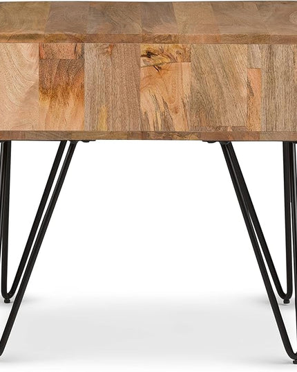 SIMPLIHOME Hunter Solid Mango Wood and Metal 22 inch wide Square Mid Century Modern End Side Table in Natural with Storage, 1 Shelf, for the Living Room and Bedroom - LeafyLoom