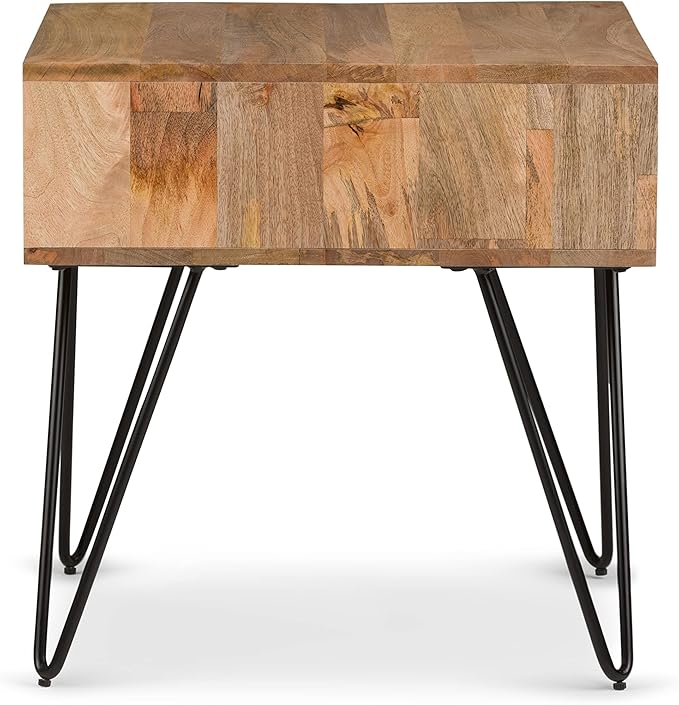 SIMPLIHOME Hunter Solid Mango Wood and Metal 22 inch wide Square Mid Century Modern End Side Table in Natural with Storage, 1 Shelf, for the Living Room and Bedroom - LeafyLoom