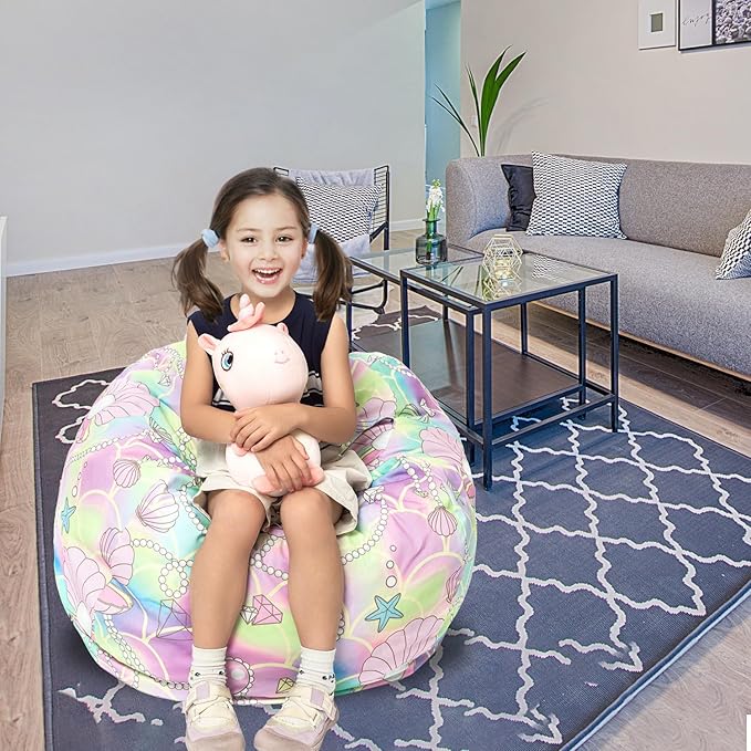 Stuffed Animal Storage Bean Bag Chair Cover, Hold Kids Plush Toys Blankets Towels Beanbag (Cover Only), Canvas Floor Circle Stuff Sit Seat Sofa with YKK Zipper, Large 32", Pink Shell - LeafyLoom