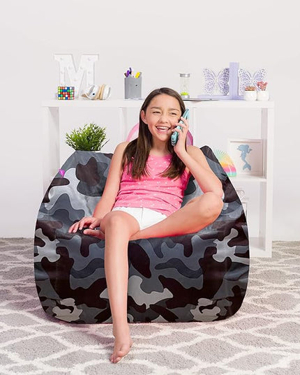 Posh Creations Structured Comfy Bean Bag Chair for Gaming, Reading and Watching TV, Coronado Chair, Nylon - Camo Dark and Black Gray - LeafyLoom