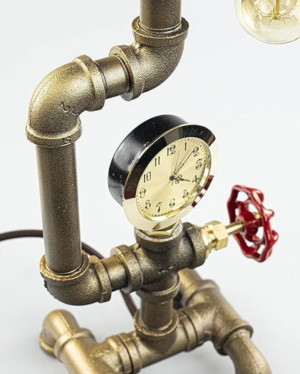 Steampunk Lamp with Dimmer, Dimmable Loft Style Industrial Vintage Antique Style Light with Bulb, Clock with Iron Piping Desk Lamp, Retro Desk Lamp LL-029 - LeafyLoom