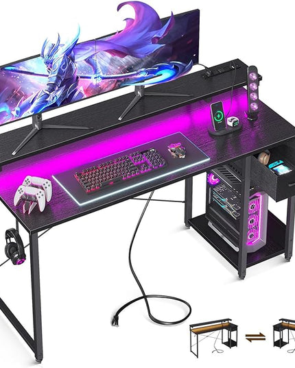AODK Gaming Desk with LED Lights & Power Outlet, 55 Inch Computer Desk with Drawer, Reversible Desk with Adjustable Monitor Shelf & Headphone Hook for Home Office, Black - LeafyLoom