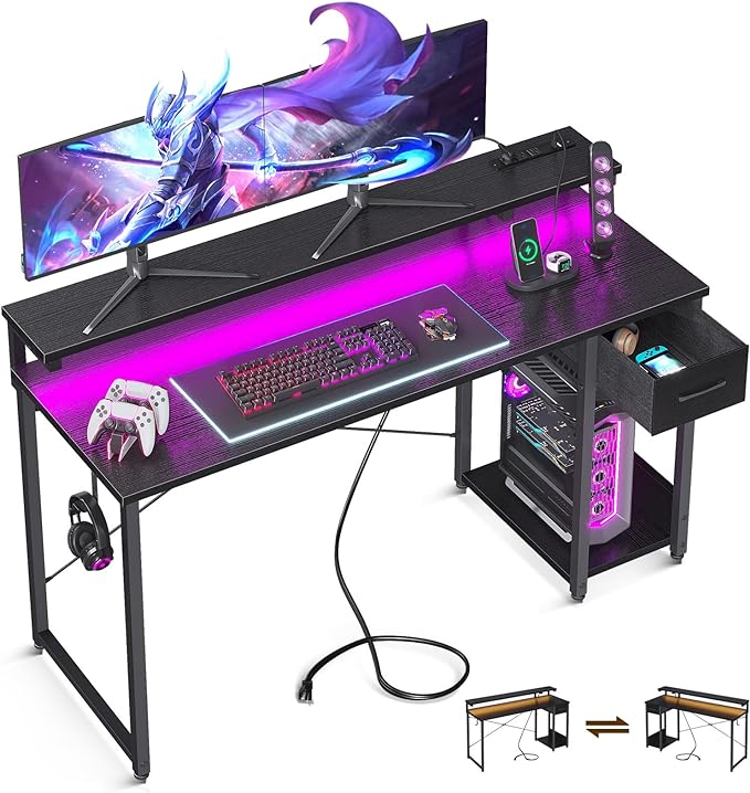 AODK Gaming Desk with LED Lights & Power Outlet, 55 Inch Computer Desk with Drawer, Reversible Desk with Adjustable Monitor Shelf & Headphone Hook for Home Office, Black - LeafyLoom