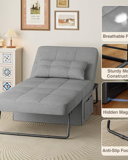 Aiho 4 in 1 Chair Bed, Sleeper Sofa Bed Convertible Chair, Assembly-Free Sofa Chair Bed with Adjustable Backrest Breathable Linen, for Living Room Apartment Office, Light Grey - LeafyLoom