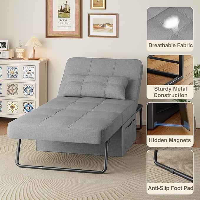 Aiho 4 in 1 Chair Bed, Sleeper Sofa Bed Convertible Chair, Assembly-Free Sofa Chair Bed with Adjustable Backrest Breathable Linen, for Living Room Apartment Office, Light Grey - LeafyLoom