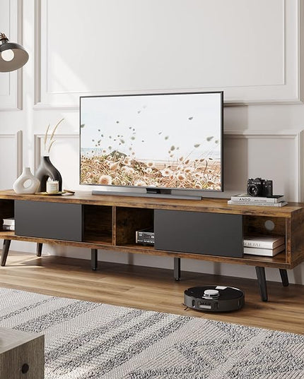 Bestier 70 inch Mid Century Modern TV Stand for 75 inch TV, Low Profile TV Stand with Storage, Entertainment Center for Living Room, Cord Management, Rustic Black - LeafyLoom