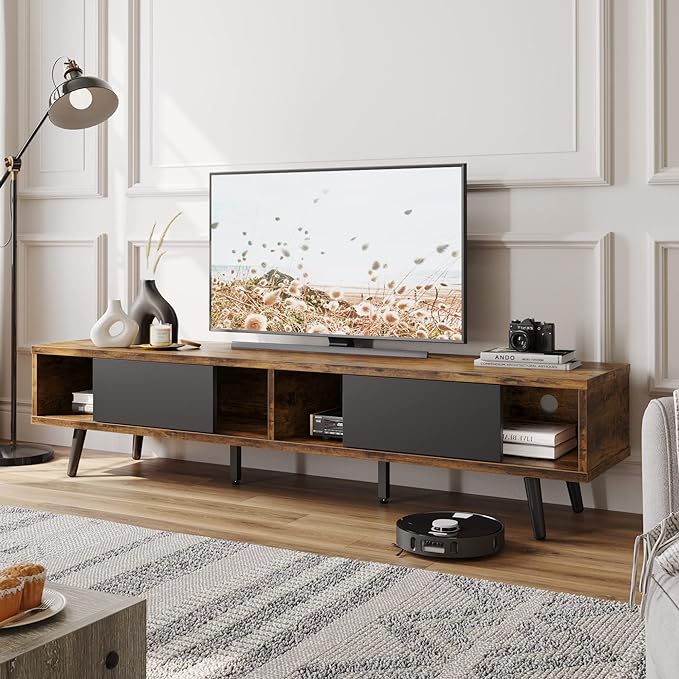 Bestier 70 inch Mid Century Modern TV Stand for 75 inch TV, Low Profile TV Stand with Storage, Entertainment Center for Living Room, Cord Management, Rustic Black - LeafyLoom