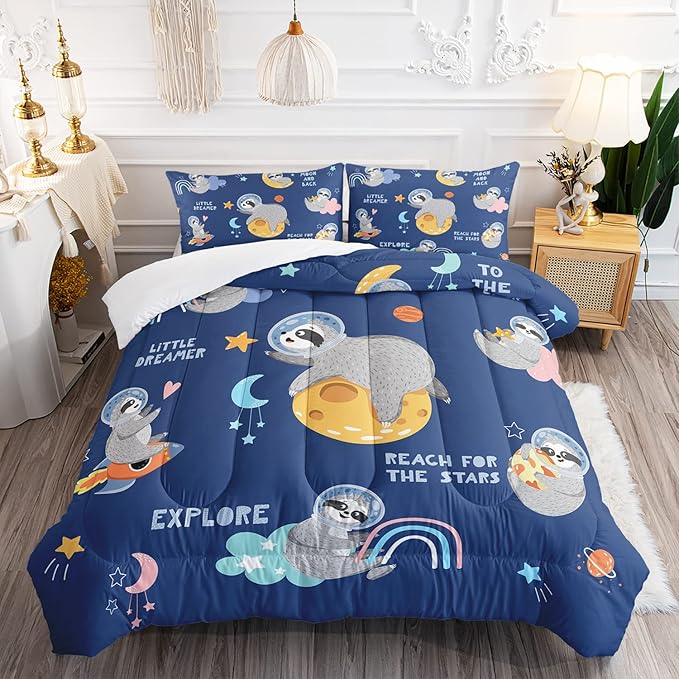 Kawaii Sloth Comforter Set 3 Pieces Outer Space Moon Cloudy Star Bedding Set Cartoon Animal Astronaut Bed Quilt Set for Girls Boys Kids with 1 Comforter and 2 Pillow Cases, Blue - LeafyLoom