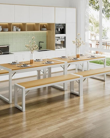 SHA CERLIN 3-Piece Dining Table Set with 2 Benches, Rustic Kitchen Table Set for 4-6, Space-Saving Dinette, Sturdy Structure, Easy Assemble, Maple/White - LeafyLoom