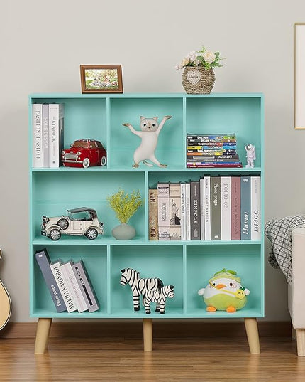 LEYAOYAO 8 Cube Bookshelf 3-Tier Bookcase with Legs, Mint-Green Kids Book Shelf Cute Storage Organizer, Large Open Toy Shelves Modern Bookshelves,Display Bookcases for Bedroom,Living Room,Nursery - LeafyLoom