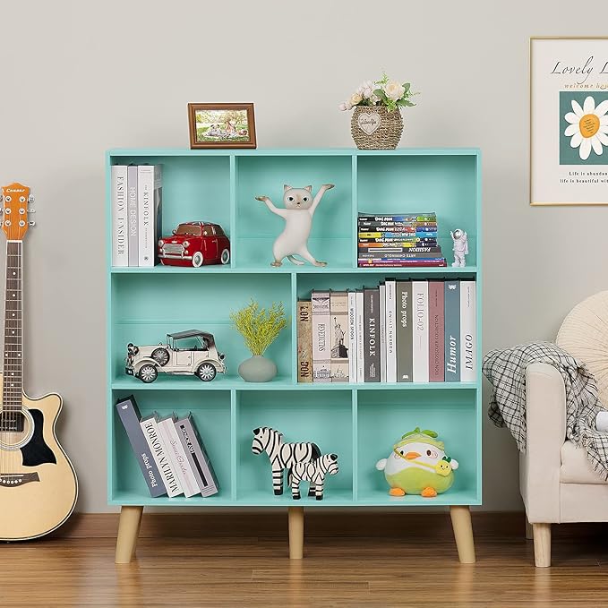 LEYAOYAO 8 Cube Bookshelf 3-Tier Bookcase with Legs, Mint-Green Kids Book Shelf Cute Storage Organizer, Large Open Toy Shelves Modern Bookshelves,Display Bookcases for Bedroom,Living Room,Nursery - LeafyLoom