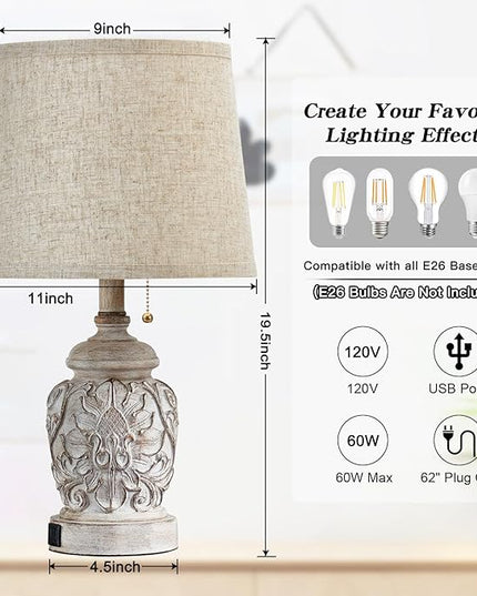19.5" Vintage Rustic Table Lamp Set of 2 Farmhouse Table Lamps for Living Room Bedroom Decor with USB Ports Traditional Carved Floral White Bedside Night Light Lamps with Pull Chain Switch - LeafyLoom