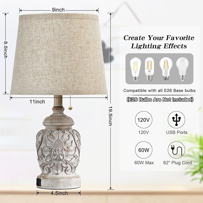 19.5" Vintage Rustic Table Lamp Set of 2 Farmhouse Table Lamps for Living Room Bedroom Decor with USB Ports Traditional Carved Floral White Bedside Night Light Lamps with Pull Chain Switch - LeafyLoom