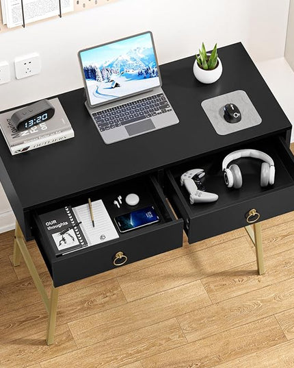 Anmytek Home Office Desk Black Writing Desk with 2 Drawers Modern & Simple Makeup Vanity Study Table Small Computer Desk, D0007 - LeafyLoom