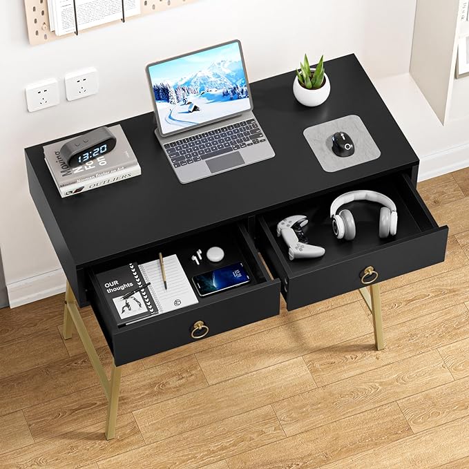Anmytek Home Office Desk Black Writing Desk with 2 Drawers Modern & Simple Makeup Vanity Study Table Small Computer Desk, D0007 - LeafyLoom