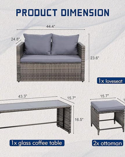 Shintenchi Patio Furniture 4 Pieces Wicker Patio Furniture Sets,Outdoor Wicker Conversation Set Rattan Sectional Sofa with Cushions&Coffee Table for Backyard Porch Garden Poolside Balcony,Gray - LeafyLoom