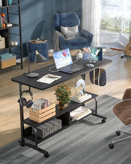 Height Adjustable Standing Desk with Power Outlets, 47" Manual Stand Up Desk with Storage Shelves Small Mobile Rolling Computer Desk Portable Laptop Table with Wheels for Home Office, Black - LeafyLoom