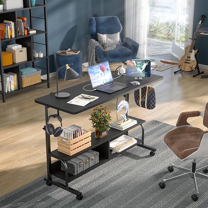 Height Adjustable Standing Desk with Power Outlets, 47" Manual Stand Up Desk with Storage Shelves Small Mobile Rolling Computer Desk Portable Laptop Table with Wheels for Home Office, Black - LeafyLoom