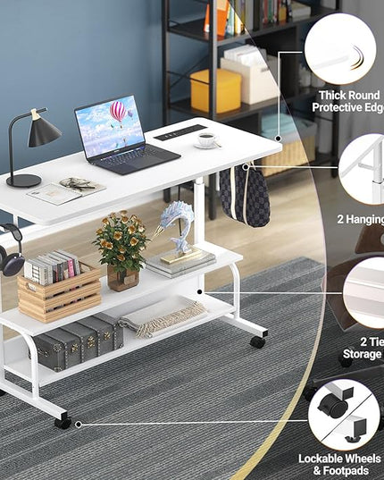 Height Adjustable Standing Desk with Power Outlets, 39" Manual Stand Up Desk with Storage Shelves Small Mobile Rolling Computer Desk Portable Laptop Table with Wheels for Home Office, White - LeafyLoom