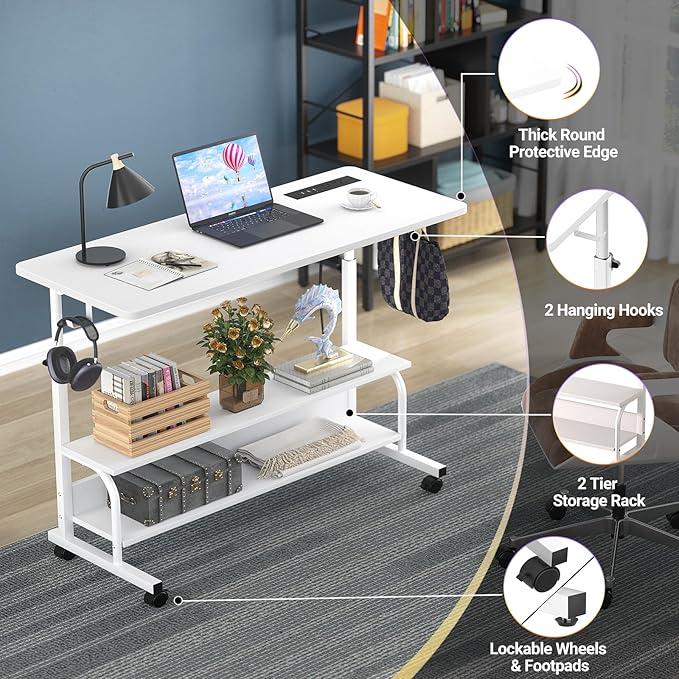 Height Adjustable Standing Desk with Power Outlets, 39" Manual Stand Up Desk with Storage Shelves Small Mobile Rolling Computer Desk Portable Laptop Table with Wheels for Home Office, White - LeafyLoom