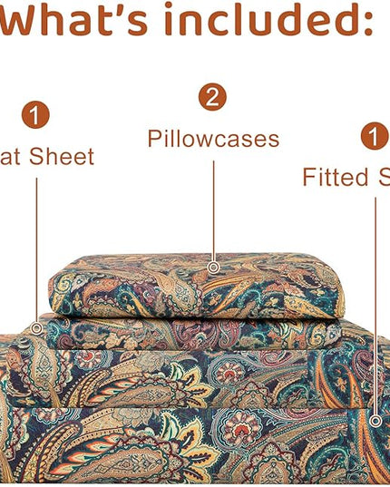 QSH Boho Sheets King Size - Bohemian Bedding Paisley Pattern Printed Bedsheets Sets King Size Bed Sheets 100% Egyptian Cotton 17.5" Extra Deep Pocket 4pcs - LeafyLoom