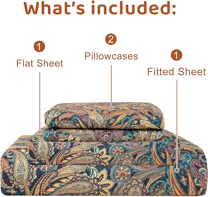 QSH Boho Sheets King Size - Bohemian Bedding Paisley Pattern Printed Bedsheets Sets King Size Bed Sheets 100% Egyptian Cotton 17.5" Extra Deep Pocket 4pcs - LeafyLoom