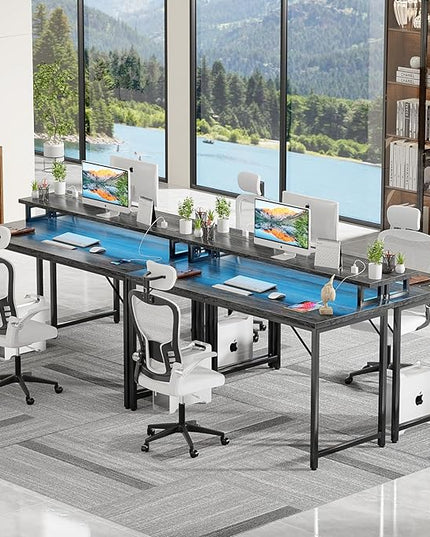 47 inch Computer Desk with Power Outlets, Gaming desk with LED Lights, Home Office Work Desk with Monitor Shelf, Modern Office Desk Study Writing Table for Small Spaces, Black Oak - LeafyLoom