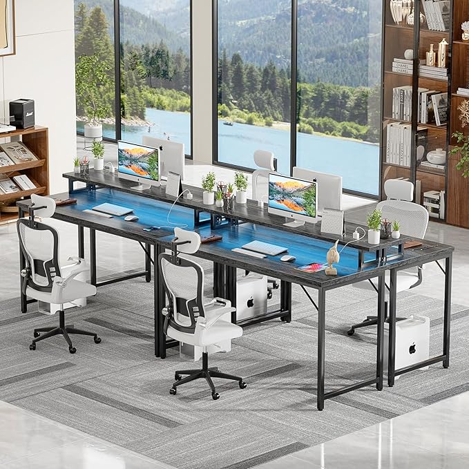 47 inch Computer Desk with Power Outlets, Gaming desk with LED Lights, Home Office Work Desk with Monitor Shelf, Modern Office Desk Study Writing Table for Small Spaces, Black Oak - LeafyLoom