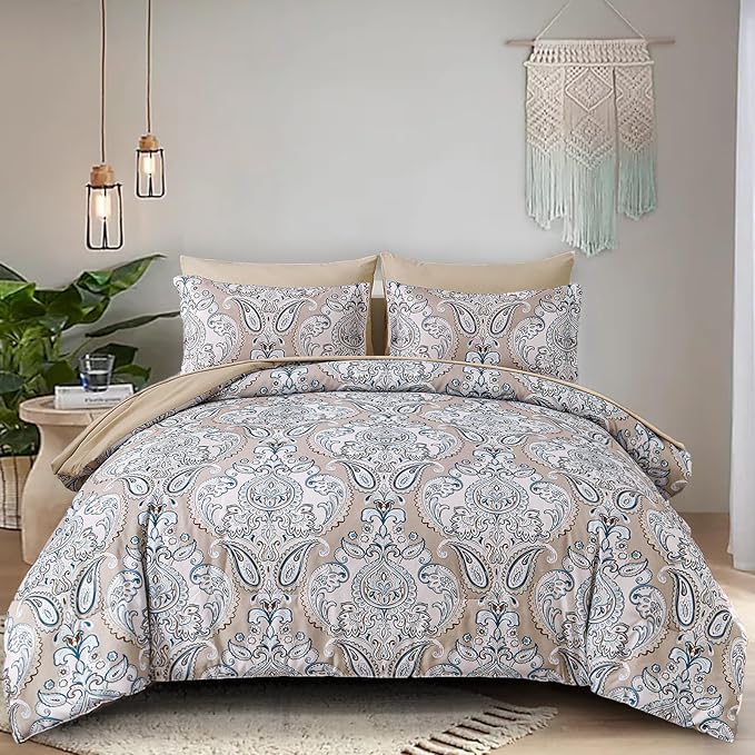 Yiran 7 Pieces Paisley Bedding Set Comforter Set Brown Boho Floral Bed in a Bag Microfiber Comforter Queen Size 90"×90"(1 Comforter,2 Pillowcases,2 Pillow Shams,1 Flat Sheet,1 Fitted Sheet) - LeafyLoom