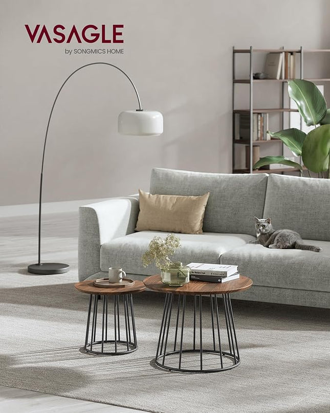 VASAGLE Round Coffee Tables, Set of 2, Modern Circle Side Tables with Steel Frame, for Living Room, Bedroom, Natural Walnut ULCT045K43 - LeafyLoom