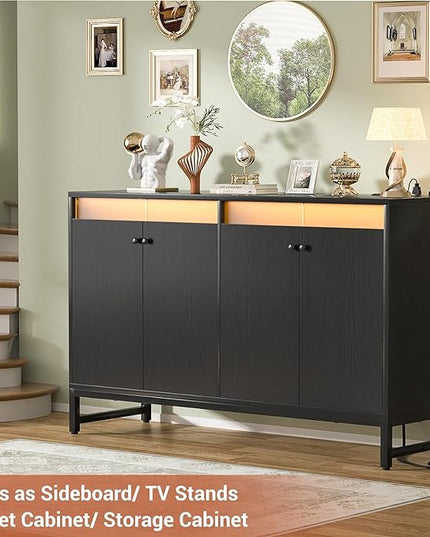 Aheaplus Sideboard Buffet Cabinet with Power Outlet, Kitchen Storage Cabinet with LED Light & Doors, Accent Cabinet Cupboard Buffet Table with Storage for Dining Room, Living Room, Hallway, Black - LeafyLoom
