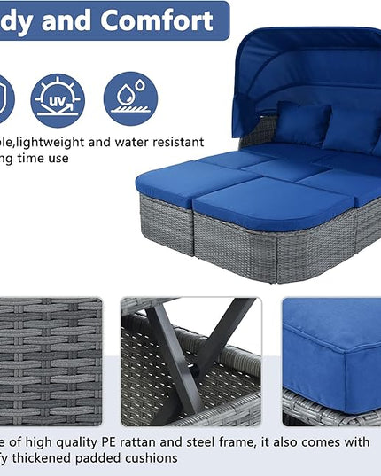 Rectangle Furniture Daybed Sunbed with Retractable Canopy, Outdoor Wicker Conversation Set with Cushions for Patio, Backyard, Porch, Garden, Bc-Blue + Rattan - LeafyLoom