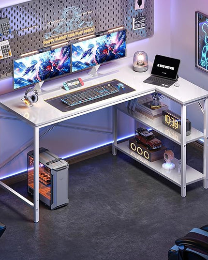 L Shaped Desk, 47 Inches Computer Desk with Reversible Storage Shelves, Gaming Desk, Corner Desk Home Office Desks, Writing Desk Study Desk with Metal Frame, White - LeafyLoom